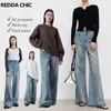 Jeans femininos reddachic escovado queimado baggy retro azul desgastado perna larga casual cintura alta boot corte calças coreano y2k streetwear