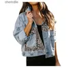 Women's Jackets Short Denim Jackets for Women Leopard Print Patchwork Coat Female Casual Ladies Jean Bomber Plus Size Xl 240301