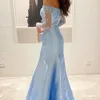 Hellhimmelblau Sexy Pailletten aus der Schulter Arabische Abendkleider für Frauen Party mit langen Ärmeln Dubai Formal Prom Vestidos De Noche