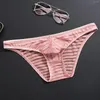 Underpants Mens Sexy Translucent Briefs Triangle Underpant Striped Low Waist U-Convex Underwear Sissy Panties Gay Club Wear