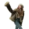 Jaqueta de couro feminina de pele de coelho forro de pele de carneiro pescoço elegante luxo calor casaco de inverno imitação de pele curto