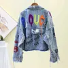 Jaquetas femininas jaquetas denim primavera graffiti rebite jean buracos moda menina outerwear casaco 240301