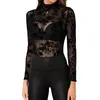 Kvinnors T-skjortor Kvinnor S Mock Neck Long Sleeve Mesh Topps Floral Lace See Through Tee T-shirt Blus Trendy Rave Top Clubwear