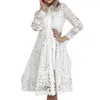 Robes décontractées Mode dentelle évider robe femme élégante taille cravate bouton a-ligne solide blanc fête de vacances dame