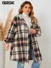 Outwear gibsie plus size casual mistura de lã longo xadrez casaco feminino 2023 outono inverno cordão com capuz único breasted tartan jaqueta nova