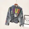 Jaquetas femininas nova primavera graffiti rebite jean jaquetas buracos chaquetas mujer moda menina outerwear casaco 240301