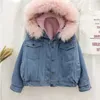 Trenchs de femmes manteaux femmes hiver capuche fausse fourrure col chaud jean veste femme bombardier étudiant basique court parkas 2 couleurs denim