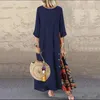 Vestidos Casuais Vrouwen Vintage Maxi Jurk Zomer Effen O Hals Stiksels Gedrukt 3/4 Mouwen Side Knoppen Jurken Losse Lange Plus Size