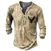 T-shirt da uomo vintage in cotone T-shirt grafiche T-shirt con stampa 3D a maniche lunghe T-shirt Henley con bottoni oversize per abbigliamento maschile 240219