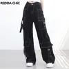 Jeans pour femmes Reddachic Boucle Ceinture Cargo Poches Baggy pour femmes Rétro Noir Taille haute Pantalon de travail à jambe large Lâche Casual Y2K Streetwear