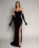 Robe de soirée longue en velours noir sexy, fendue sur le côté, longue robe de bal avec gants et cristaux, col en cœur perlé, fête d'anniversaire, occasion spéciale