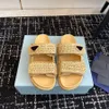 Top quality Vacation Flat platform slide slippers braided raffia comfort sandals with signature triangle open toes shoes luxury designer slippers womens factory