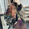 Parkas Autumn Winter Vintage Print Bat Sleeve Splice With Inner Plate Linen Clip Cotton Cardigan Coat Cotton Coats Women Jacket