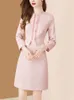 Evnisi vestido rosa para mulheres tweed retalhos malha peter pan colarinho vestidos senhora do escritório xadrez vestidos outono e inverno 240226