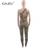 Capris leopard tryck kvinnor sexig jumpsuit oregelbunden one axel ärmlösa mager byxor romper hög stretchig nattklubb övergripande