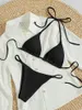 Kvinnors badkläder 2024 Special Pit Stripe Fabric Bikini Set Women Sexig enkel solid halter baddräkt Hög midja spetsar upp strandbaddräkt