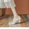 Dress Shoes French Spring And Autumn Pearl Line Buckle Middle Heel Single Square Head Bow High Heels Mary Jane Women's