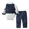 Baby Boy Formal Set kläder med slips Navy Vest Romper Pants i 9-36 månader barn kostymer fest födelsedag gentleman kläder 240228