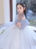 Long Princess Cendrillon Flower Robes Crystals Bouille de balle en perle Blue Kids Nouvure design personnalisé Tulle mignonne fille formelle robes de fête Pageant porte 403