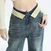 Jeans da donna stile americano retrò piccante ragazza tendenza pantaloni a gamba larga Mop vestibilità ampia design in vita con risvolto in denim con lungo