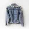Kvinnorjackor Spring Woman Basic Coats Denim Pearls Beading Fashion Jeans Coat Long Sleeve Jackets W1021 240301