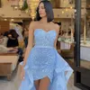 Heißer Verkauf sexy Sky Blue Abendkleider mit abnehmbarer Zug Frauen Tüll kurze Meerjungfrau Pailletten Schatz trägerloser Party Abschlussballkleid