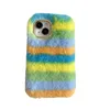 Plush Colorful Rainbow Fluffy Soft Rubber Warm Back Phone Case Cover For iPhone 11 12 13 14 15 Pro Max Protective Skin Shell