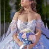 Hemelblauw glanzende baljurk quinceanera jurken d bloemen applique kanten tull vestidos de anos corset jurk voor de verjaardag
