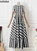 Vonda Plus Size 5xl Bohemian Plaid Sundress 2023 Summer Women Sexy Neeveless Printed Maxi Long DressカジュアルルーズパーティーVestido 240320