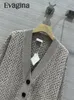مسارات النساء Evagina Designer Spring Vintage Gray Knitting Shorts Suit Lantern Sleeve Button Coat Coat Perctring Elastic