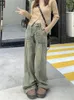 Jean femme jaune boue décontracté jambe large Vintage Style de rue rétro mode Cowboy pantalon femme taille haute pantalon droit