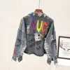 Kadın Ceket Ceketler Bahar Yeni Sokak Moda Graffiti Denim Kişilik Kısa Ham Kesim Perçin Saçak Jean Ceket Y0827 240301