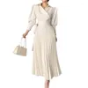 Casual Dresses Lemongor 2024 Korean Fashion Solid Color Lapel Pleated A-line Dress Summer Going Out Office Maxi For Women