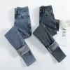 Jeans Velours hiver jean femmes maigre taille haute polaire garder au chaud Denim crayon pantalon femme épais haute élastique Leggings Vintage bleu