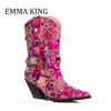 Women Gem utsmyckade ankelstövlar Sexiga spetsiga tåblock klackar Rhinestone Boots Ladies Punk Style Western Cowgirl Shoes Big 44 240227