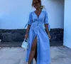 Design Denim Dress Women Fashion sexy Single-breasted Solid Elegant Deep V-neck Half Sleeves Long Dress Casual Hight Waist Solid Party Dress