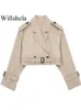 Willshela Vrouwen Mode Met Riem Cropped Trenchcoat Vintage Notched Hals Lange Mouw Vrouwelijke Chic Dame Jas Outfits 240219