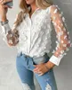 Women's Blouses Elegant Floral Pattern Long Sleeve Mesh Patch Top Temperament Commuting Female Fashion Turn-Down Collar Casual