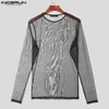 Men's T Shirts Stylish Casual Style Tops INCERUN See-through Mesh T-shirs Sexy Male Thin O-neck Long Sleeved Camiseta S-5XL 2024