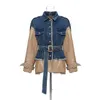 Kvinnorjackor Fashion Clothing Patchwork Hit Color Denim Coats Lapel Collar Long Sleeve High midjejackor för 240301
