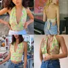 Kvinnors tankar Kvinnor Summer ärmlös Halter Crop Top Sexig Plunge Deep V-Neck Backless Camisole Boho Floral Print Tie Midjet Beach Vest F0T5