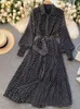 Primavera otoño mujeres vintage maxi vestido de fiesta manga larga naranja lunares plisado noche negro vestidos femme moda bata 240221