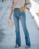 Damen Jeans Flare High-Waist Split Y2k Straight Loose Wide-Leg Hose Slim Fit Vintage Washed Denim Long