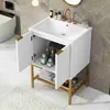 Badrumsvaskar Kranar Badrum Vanity Med Sink Badrum Vanity med dubbla dörrar och Gold Metal Frame White Q240301