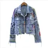 Jaquetas femininas jaquetas denim primavera graffiti rebite jean buracos moda menina outerwear casaco 240301