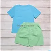 Clothing Sets Summer Clothes Blue Short Sleeve Top And Green Vertical Stripes Shorts Dolphin Crab Fish Embroidery Pattern Boys Drop Dhj84