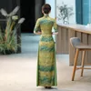 Vêtements ethniques Summer Amélioré Green Print Cheongsam Femmes Élégant Style chinois Manches courtes High Split Aodai Qipao