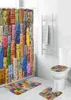 Rideaux de douche imperméable coloré chat imprimé rideau salle de bain ensemble tapis couverture toilette tapis de bain tapis 4 pièces tissu durable 8007534