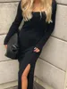 Casual Dresses Elegant Knit Women's Fall Long Dress Chic Sleeve Scoop Neck Solid Color Midi Thigh Split