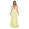 Vêtements ethniques Femmes Sexy Imprimé Floral Lâche Boho Profonde Col V Longue Maxi Robes Élégant Dos Nu Bretelles Croisées Vacances Plage Été